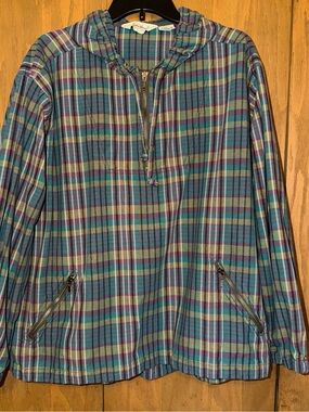 Eddie Bauer Vintage Plaid Hooded Pullover in Teal & Purple